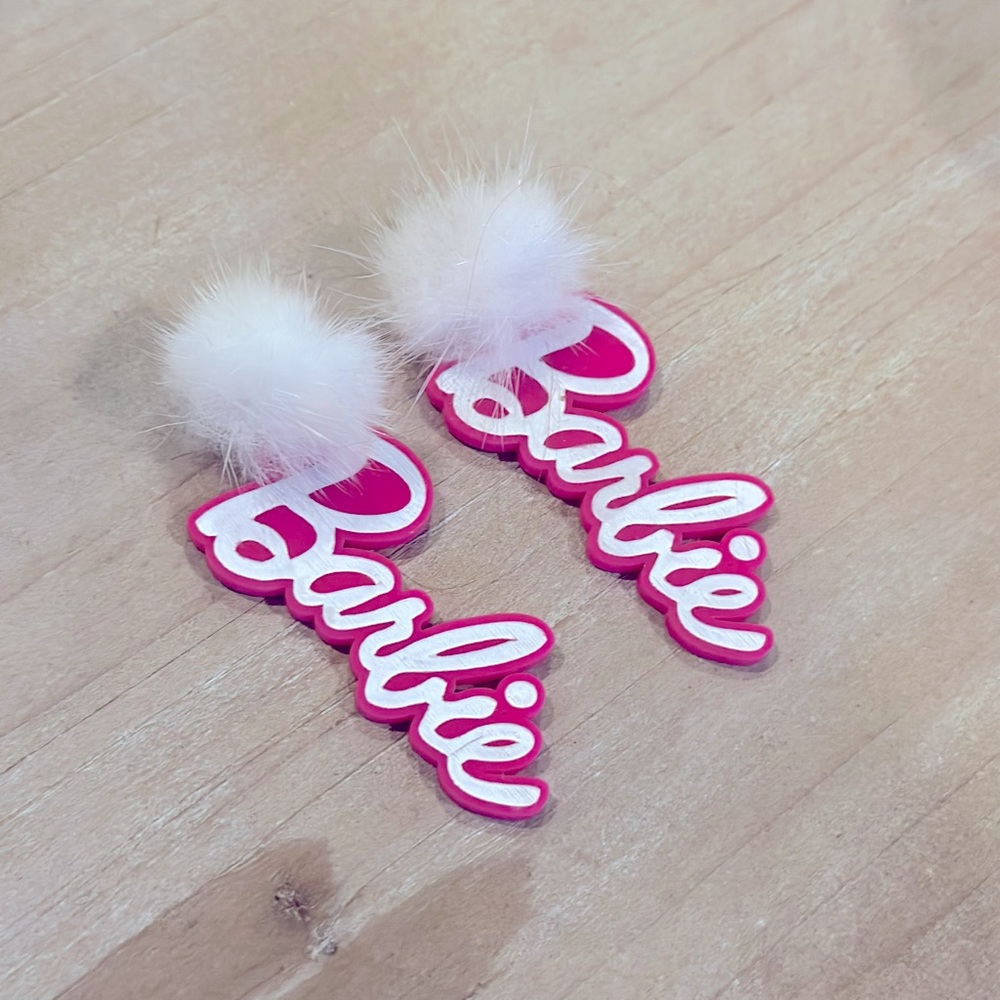 Barbie dangle earrings.  Bright pink and white.
